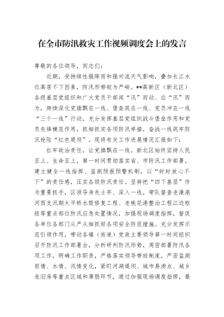 在全市防汛救灾工作视频调度会上的发言