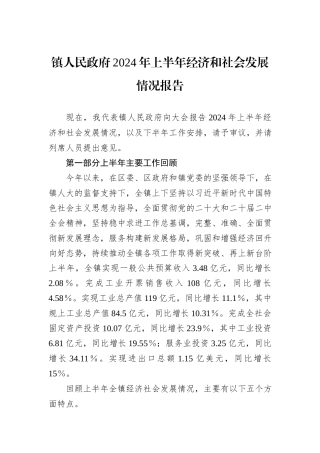 镇人民政府2024年上半年经济和社会发展情况报告