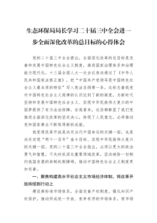 生态环保局局长学习二十届三中全会进一步全面深化改革的总目标的心得体会