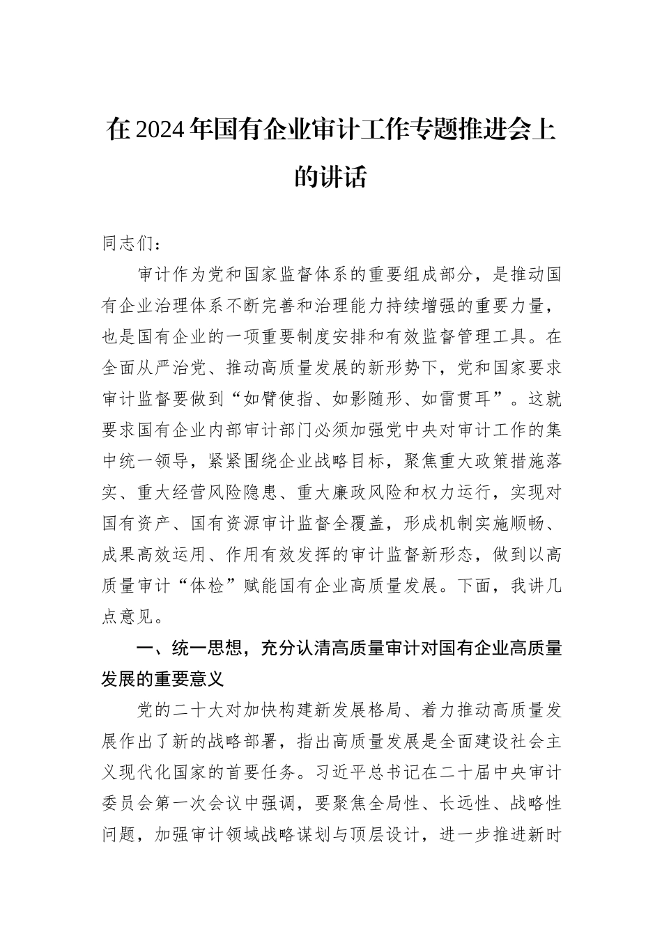 在2024年国有企业审计工作专题推进会上的讲话_第1页