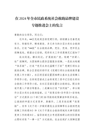 在2024年全市民政系统社会救助品牌建设专题推进会上的发言