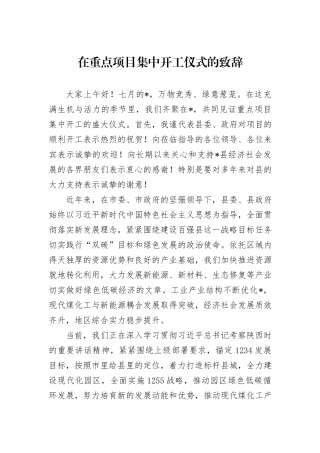 在重点项目集中开工仪式的致辞