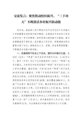 交流发言：聚焦推动组织振兴，“三下功夫”不断激活乡村振兴新动能
