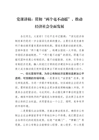 党课讲稿：贯彻“两个毫不动摇”，推动经济社会全面发展