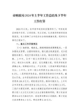 市财政局2024年上半年工作总结及下半年工作打算