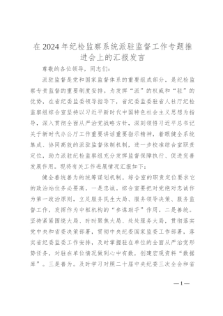 在2024年纪检监察系统派驻监督工作专题推进会上的汇报发言