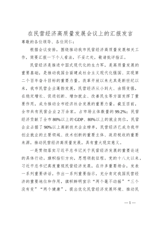 在民营经济高质量发展会议上的汇报发言