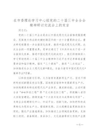 在市委理论学习中心组党的二 十届三 中全全会精神研讨交流会上的发言