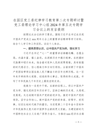 在园区党工委纪律学习教育第二次专题研讨暨党工委理论学习中心组2024年第五次专题学习会议上的发言提纲