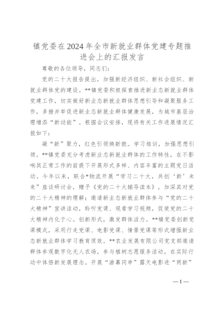 镇党委在2024年全市新就业群体党建专题推进会上的汇报发言