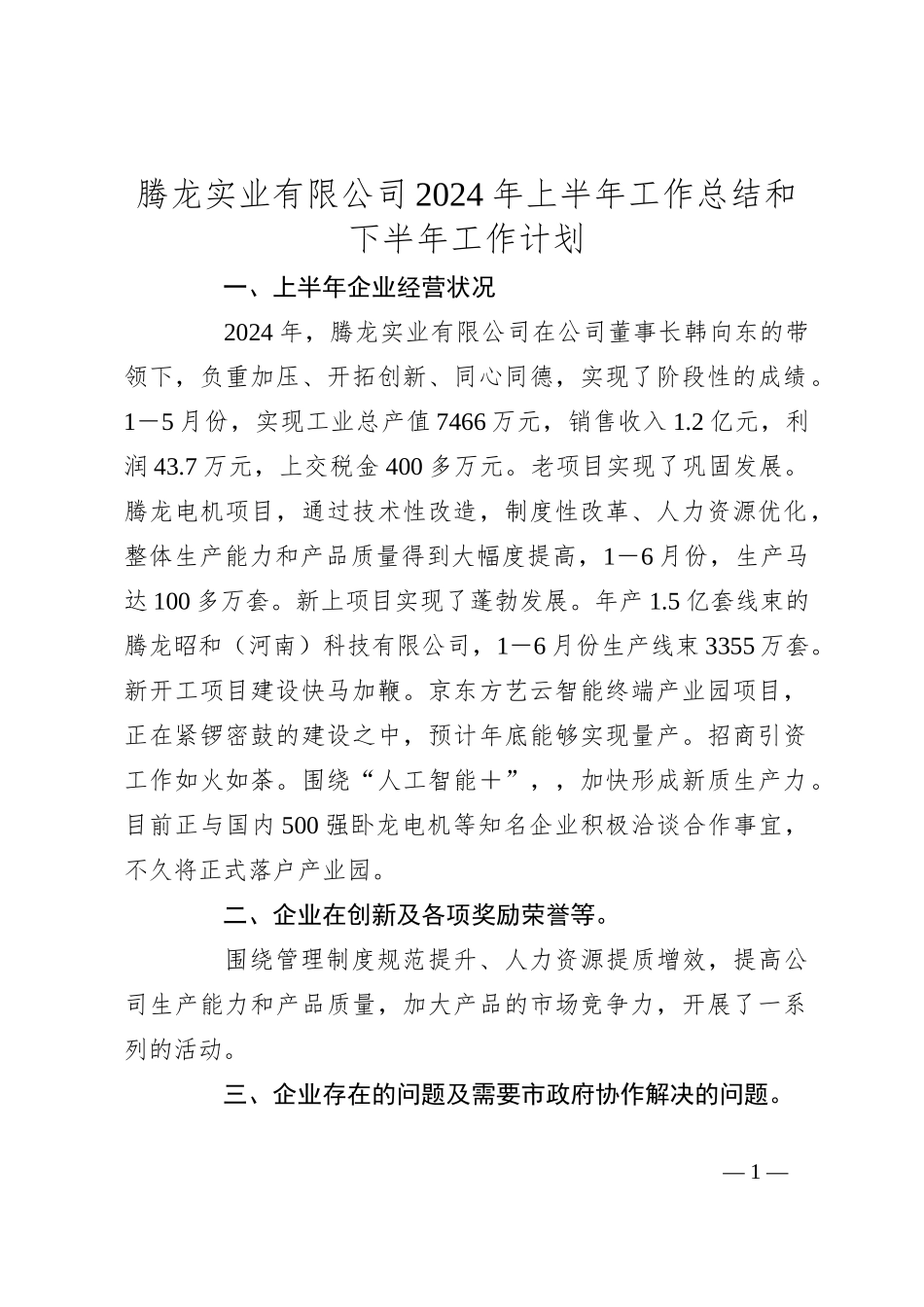 腾龙实业有限公司2024年上半年工作总结和下半年工作计划_第1页
