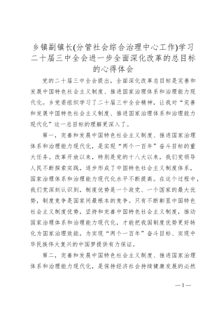 乡镇副镇长(分管社会综合治理中心工作)学习二 十届三 中全会进一步全面深化改革的总目标的心得体会