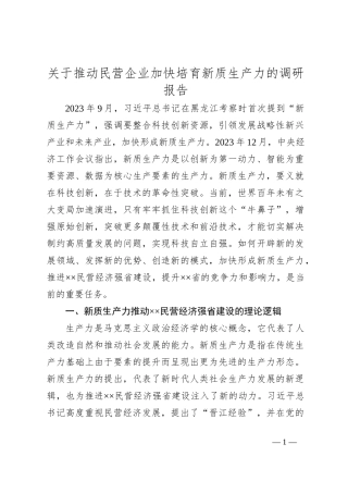 关于推动民营企业加快培育新质生产力的调研报告