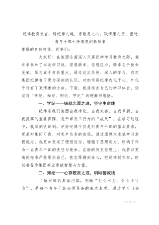 纪律教育发言：铸纪律之魂，存敬畏之心，践清廉之行，塑造青年干部干净清爽的新形象