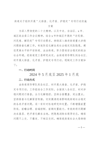 街道关于组织开展＂大排查、化矛盾、护稳定＂专项行动实施方案