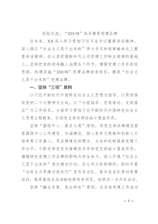 经验交流：“333+N”体系擦亮党建品牌