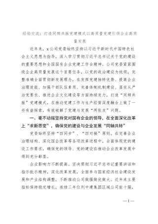 经验交流：打造同频共振党建模式以高质量党建引领企业高质量发展