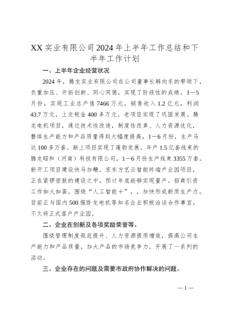 XX实业有限公司2024年上半年工作总结和下半年工作计划