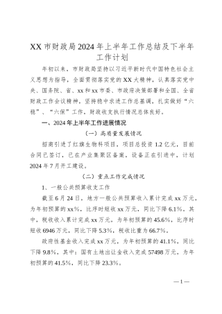 XX市财政局2024年上半年工作总结及下半年工作计划