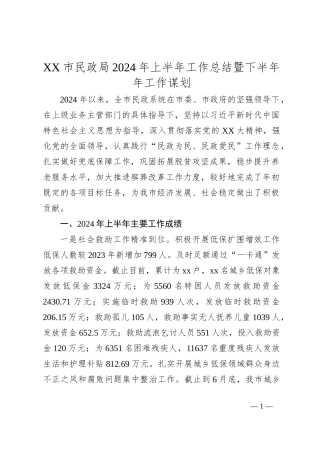 XX市民政局2024年上半年工作总结暨下半年年工作谋划