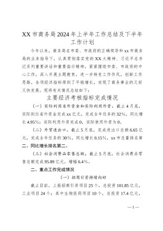 XX市商务局2024年上半年工作总结及下半年工作计划