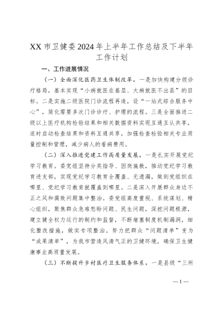 XX市卫健委2024年上半年工作总结及下半年工作计划