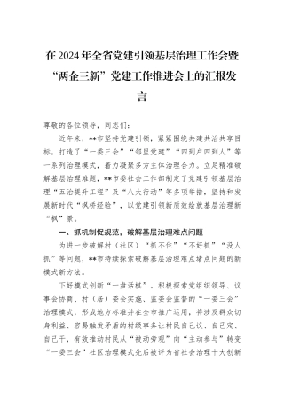 在2024年全省党建引领基层治理工作会暨“两企三新”党建工作推进会上的汇报发言