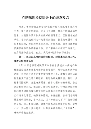 在防汛迎检反馈会上的表态发言