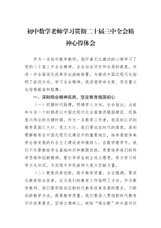初中数学老师学习贯彻二十届三中全会精神心得体会