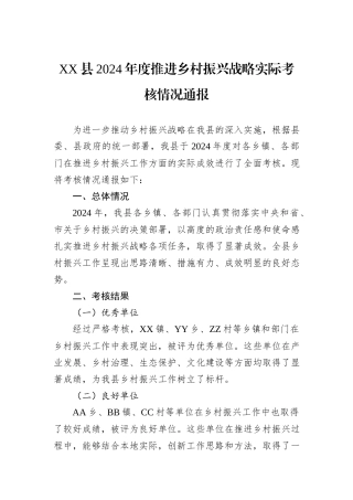 XX县2024年度推进乡村振兴战略实际考核情况通报