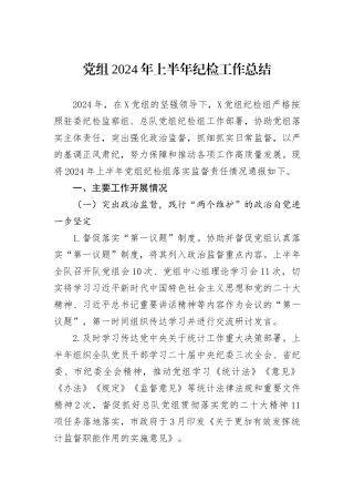 党组2024年上半年纪检工作总结