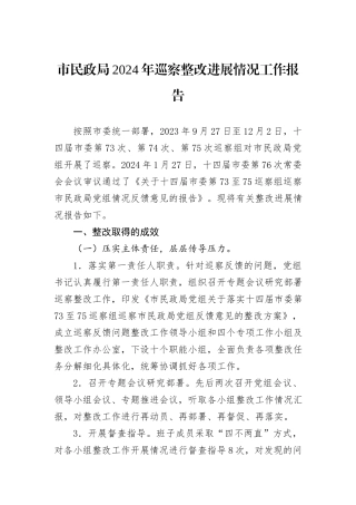 市民政局2024年巡察整改进展情况工作报告