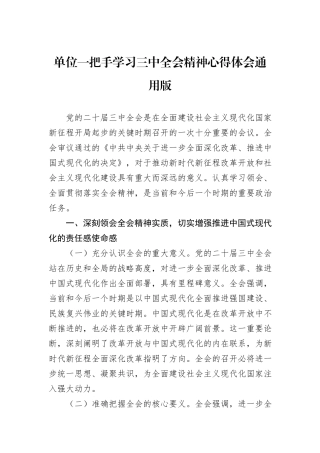 单位一把手学习三中全会精神心得体会通用版