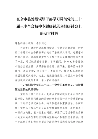 在全市县处级领导干部学习贯彻党的二十届三中全会精神专题研讨班分组研讨会上的发言材料