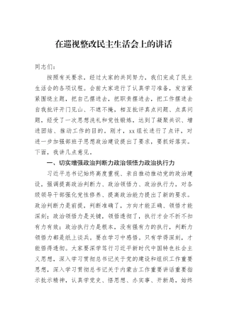 在巡视整改民主生活会上的讲话