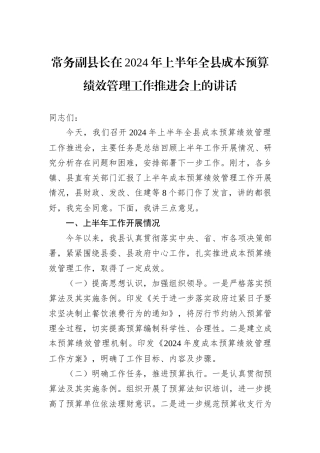 常务副县长在2024年上半年全县成本预算绩效管理工作推进会上的讲话