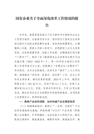 国有企业关于全面深化改革工作情况的报告