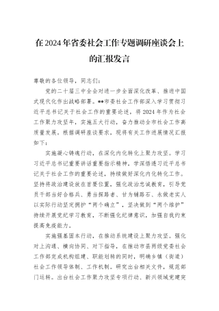 在2024年省委社会工作专题调研座谈会上的汇报发言