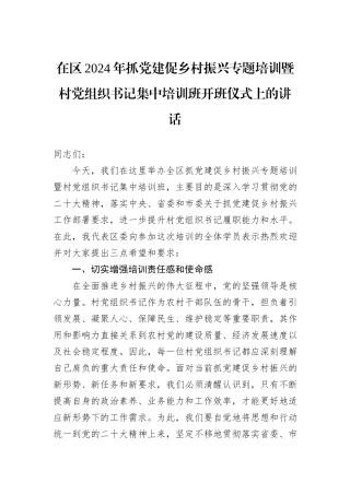 在区2024年抓党建促乡村振兴专题培训暨村党组织书记集中培训班开班仪式上的讲话