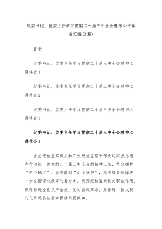 (3篇)纪委书记、监委主任学习贯彻二十届三中全会精神心得体会汇编