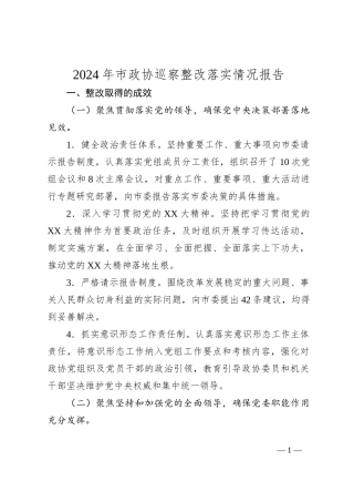 2024年市政协巡察整改落实情况报告