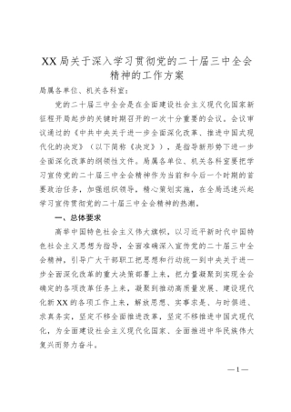 XX局关于深入学习贯彻党的二十届三中全会精神的工作方案