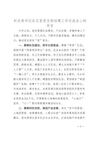 村支部书记在五星党支部创建工作交流会上的发言