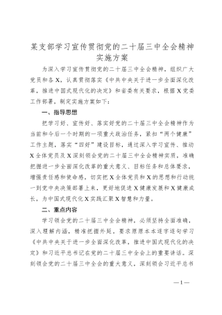 某支部学习宣传贯彻党的二十届三中全会精神实施方案