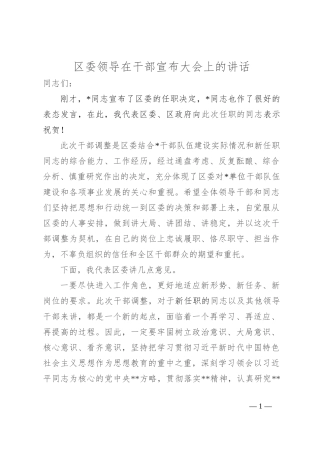 区委领导在干部宣布大会上的讲话