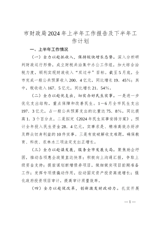 市财政局2024年上半年工作报告及下半年工作计划