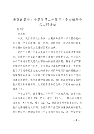 市财政局长在全局学习二十届三中全会精神会议上的讲话