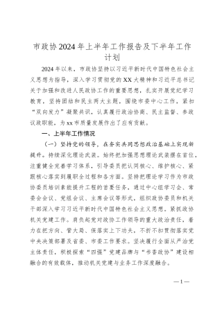 市政协2024年上半年工作报告及下半年工作计划