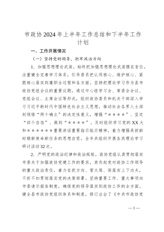 市政协2024年上半年工作总结和下半年工作计划