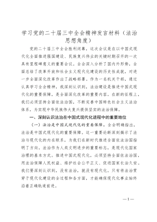 学习党的二十届三中全会精神发言材料（法治思想角度）